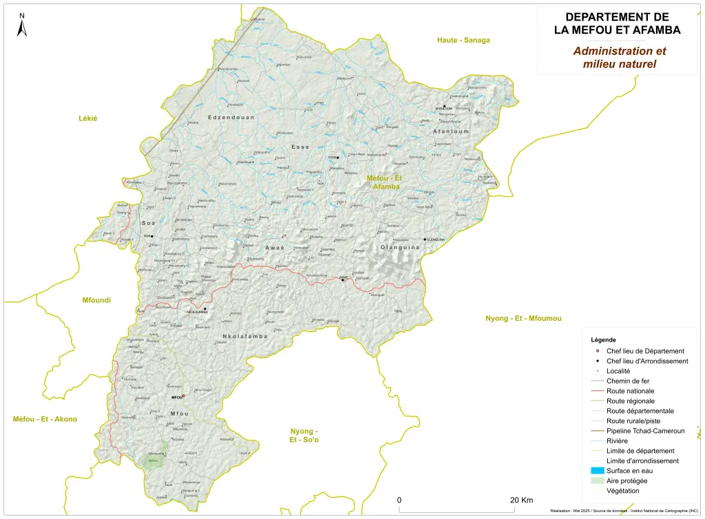 Carte administrative et milieu naturel de la Mefou-et-Afamba