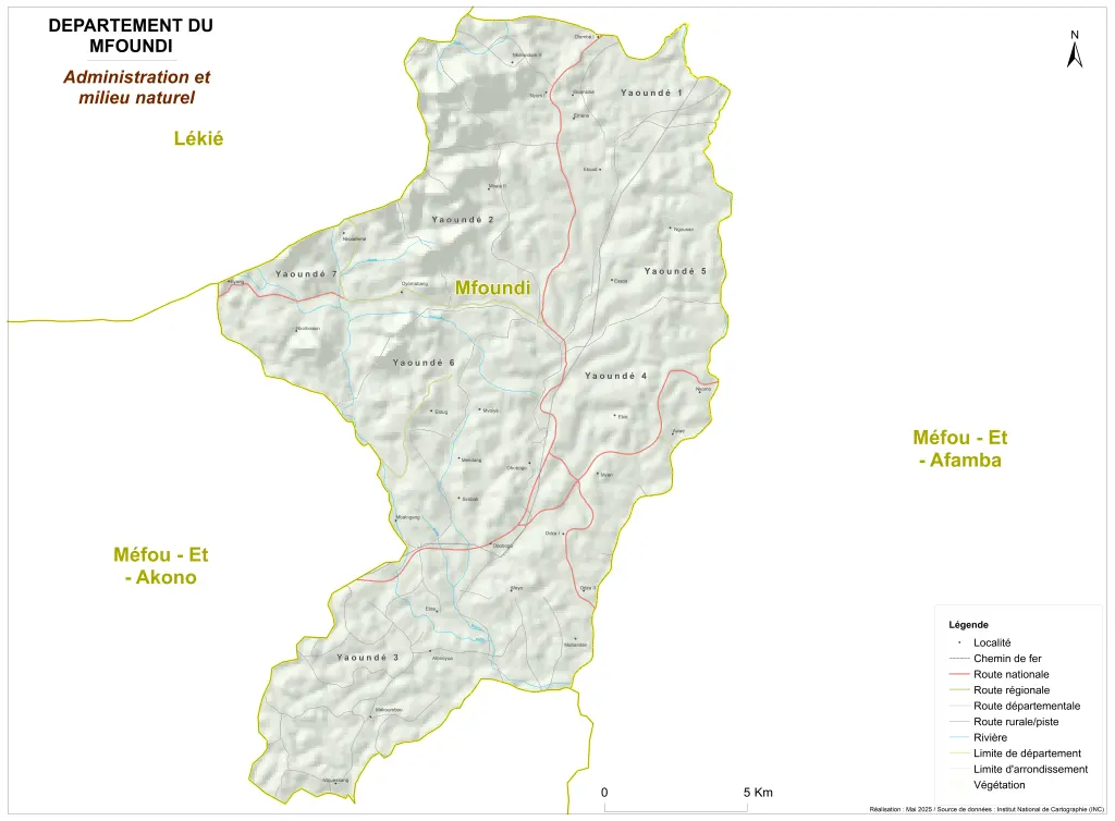 Carte administrative et milieu naturel du Mfoundi