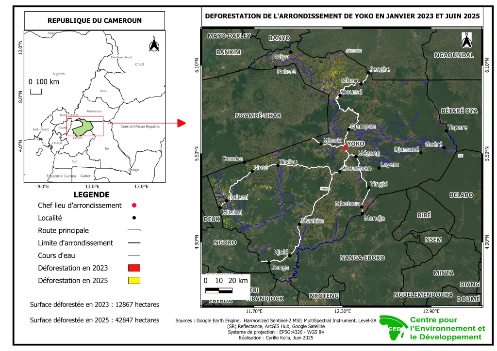 Déforestation de l'arrondissement de Yoko entre janvier 2023 et juin 2025