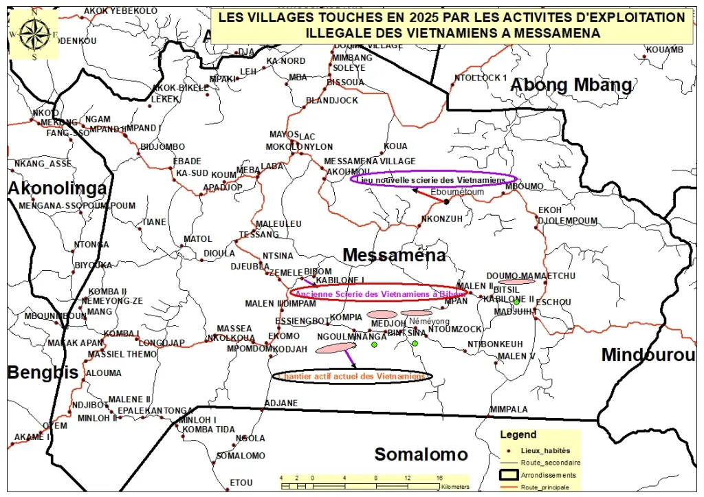 Villages touchés en 2025 par l'exploitation illégale des Vietnamiens à Messamena